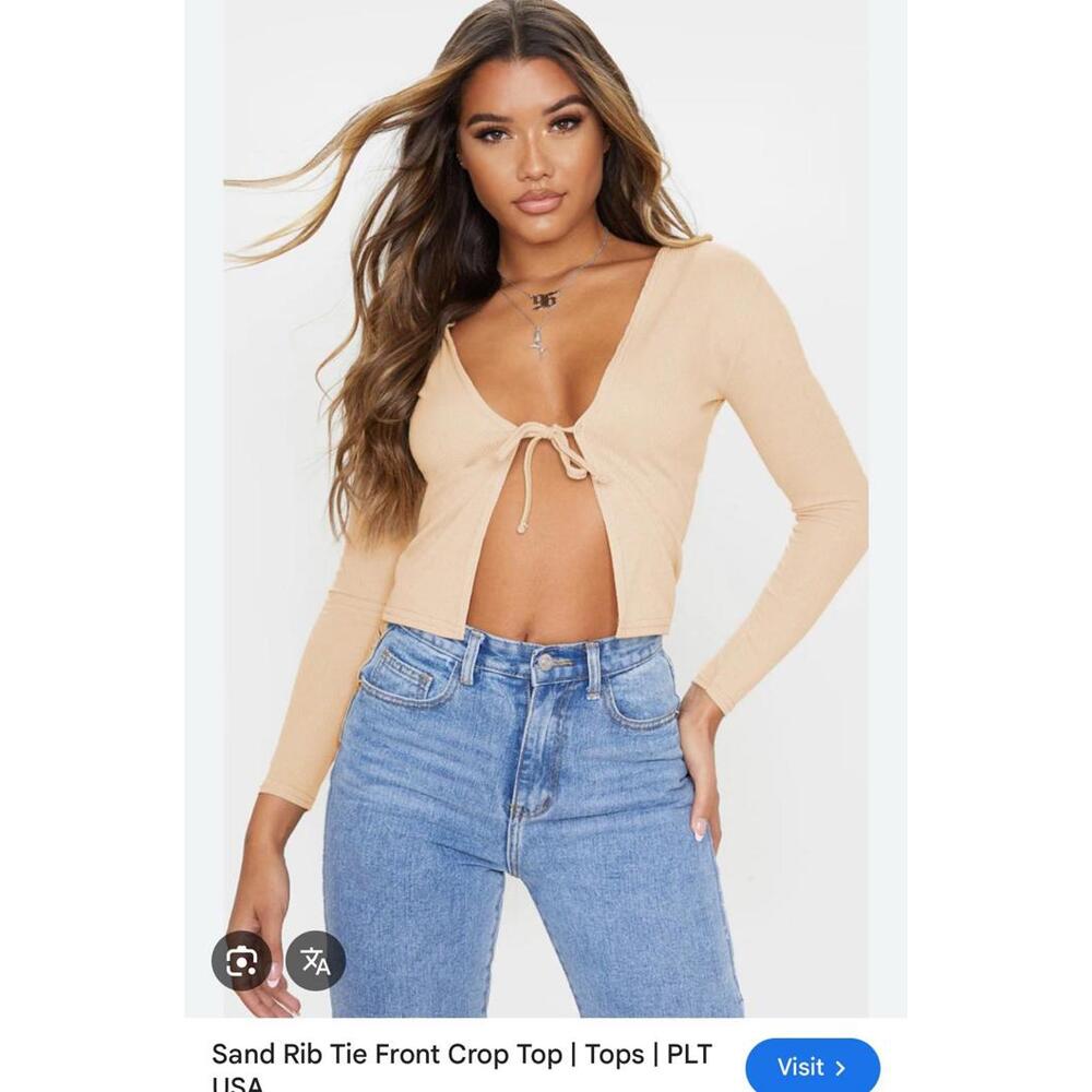 Pretty Little Thing Womens Rib Tie Front Crop Top Size 4 Sand Long Sleeve New